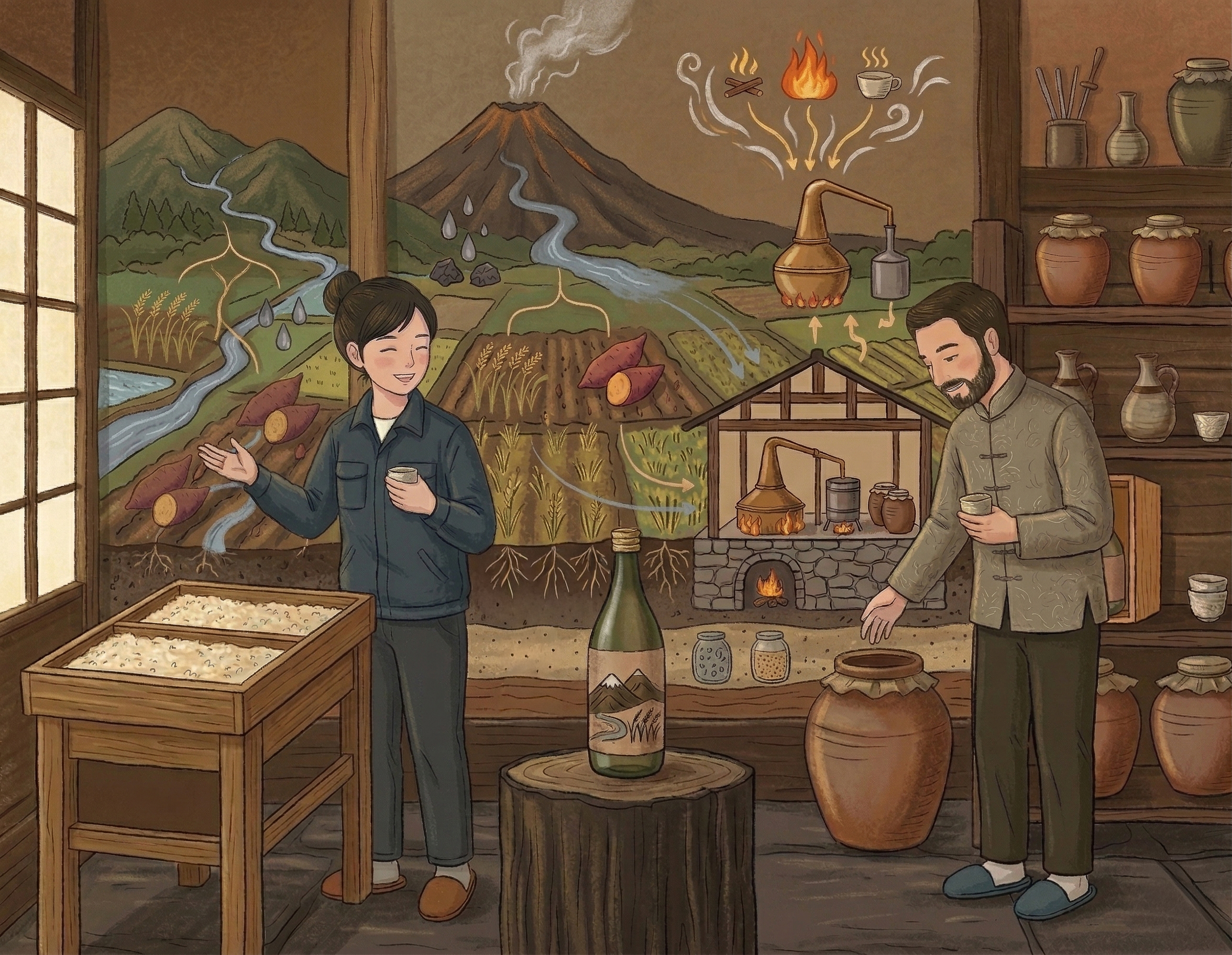 焼酎の蒸留所で杜氏と語らうイラスト